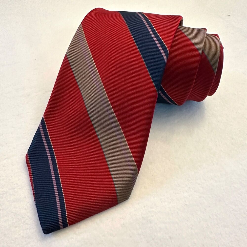 Briar Mens Silk Tie Red Navy Blue Striped Regimental Hand Fashioned USA Made 57"